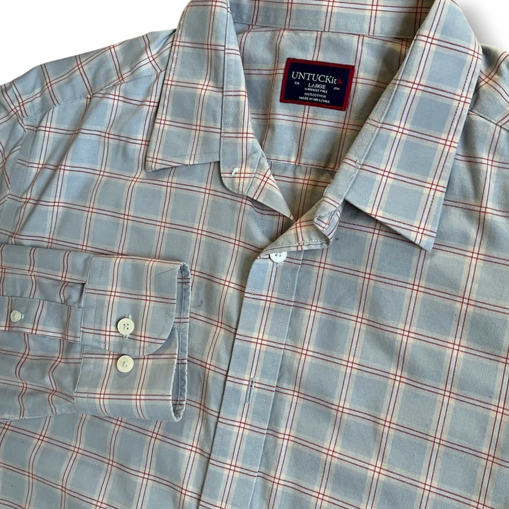 UNTUCKit Shirt Mens Large Blue Red Windowpane‎ Ridgeview Wrinkle Free Preppy L/S
